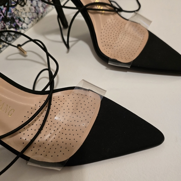 AZALEA WANG Black With Cleae Vinyl Toe Strap High Heels Ankle Wrap Strap 7.5 - Picture 8 of 17